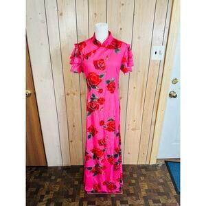 adorable bright pink/red rose kimono style maxi dress wmns M